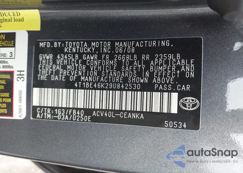 2009 Toyota Camry Le z USA, uszkodzony, nr VIN 4T1BE46K29U842530